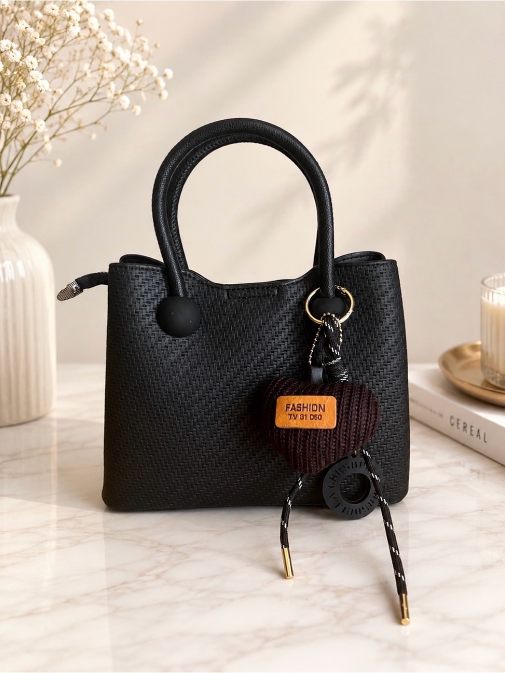 NWT Black Woven Satchel Handbag with Matching Charm & Shoulder Strap by Sumzen